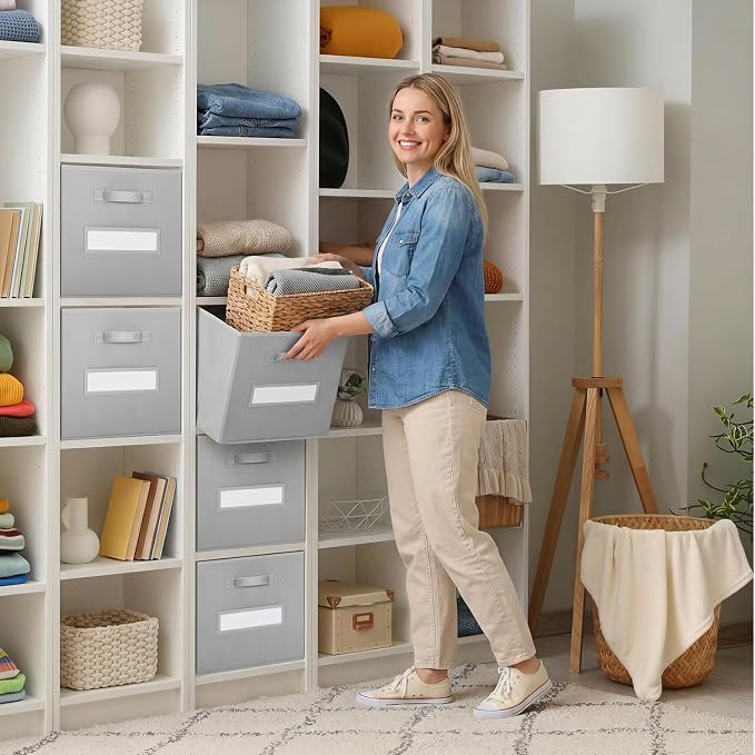 Storage Bins,11 Inch Cube Storage Bin with Labels,6pcs,Light Grey | Fabric Storage Cubes for Shelves,11 Inch storage cube bins with 6 Labels Window Cards & a Pen - Image 7