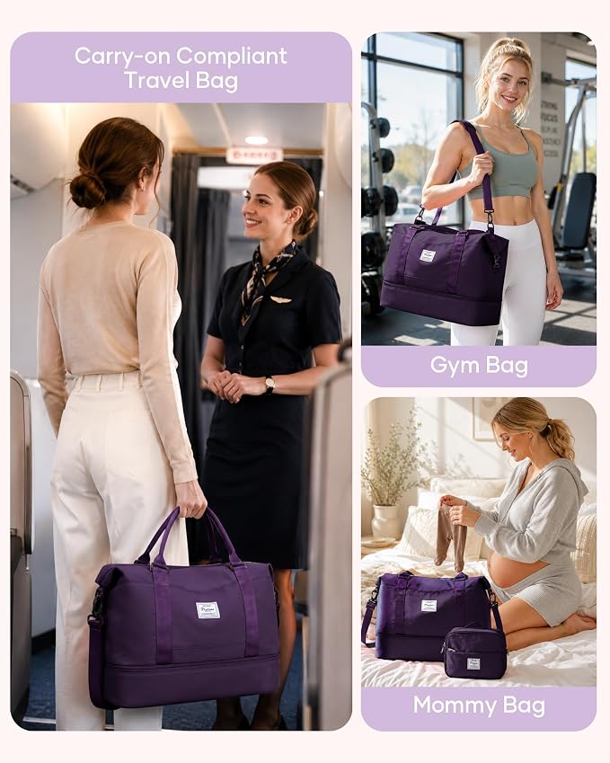 Travel Duffel Weekender Bag Women Tote Carry On Bags With Shoe Compartment | 18x14x8 inches Travel Overnight Bags with Trolley Sleeve for Airplanes Waterproof Sport Tote Gym with Toiletry Bag Purple - Image 8