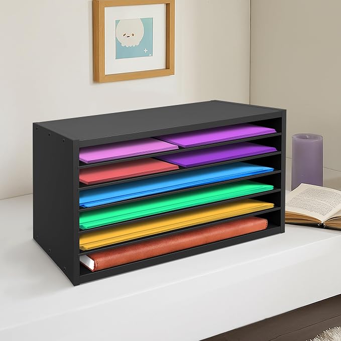 Construction Paper Organizer 20" x 13.5" x12.2",Soild Wooden Paper Organizer with 6-Tier Letter Trays, Desktop File Papers Sorter for Home, Classroom and Office (Black) - Image 6