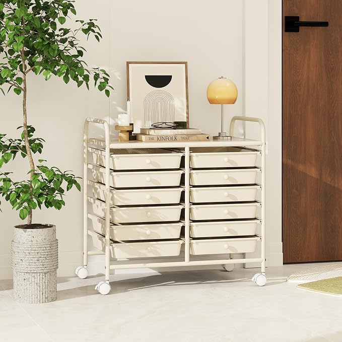 RELAX4LIFE 12-Drawer Rolling Storage Cart - Mobile Utility Cart on Wheels for School Classroom Teacher Office Salon, Paper File Art Supply Craft Organizer, Rolling Cart with Drawers (White) - Image 2