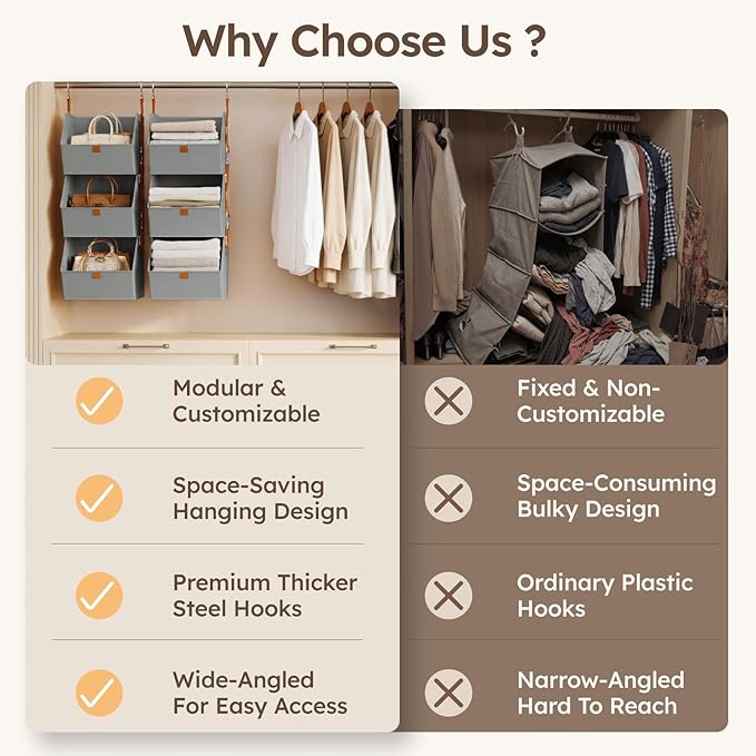 Hanging Closet Organizer 4 Tier - Clothes Hanging Shelves, Space-Saving Closet System, Fabric Storage Bins Bedroom Organization, Collapsible Baskets for Home, Dorm, Rv, Grey - Image 4