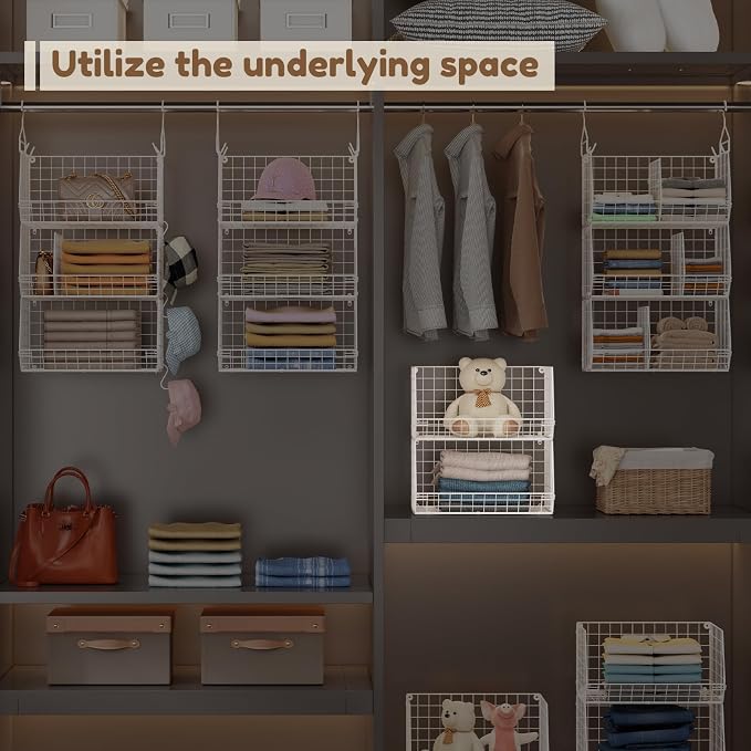 4 Tier Extra Large Hanging Closet Organizer ,Closet Organizer Hanging with 5 S Hooks 4 Dividers,Clothes Organizer Clothing Sweaters Clutches Handbags Hats Accessories-White - Image 4