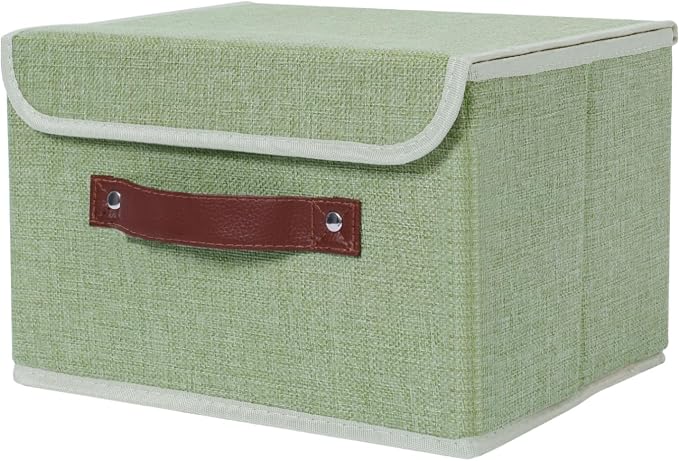 ANMINY Fabric Storage Box Bins with Lids, Green, 13"x9"x7.9" | Keepsake Memory Storage, Cotton Linen, PP Board Reinforced, Washable, PU Handles, Foldable & Stackable, Decorative, Medium by ANMINY