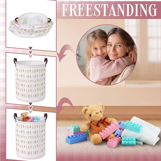Fourluoo 6 Pack Pink Bow Fabric Storage Basket Waterproof Laundry Hamper with Handles Flower Round Storage Bin for Clothes Foldable Organizer for Bedroom Nursery Bathroom - Image 6