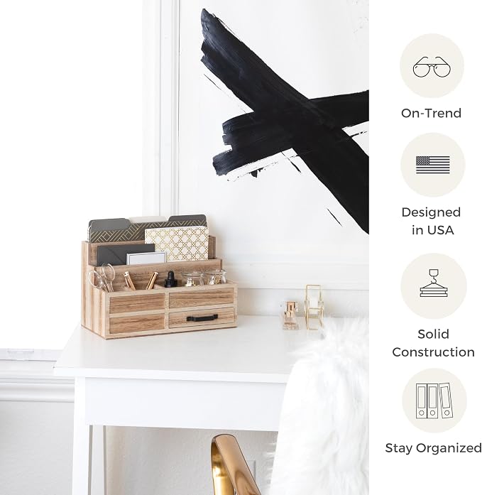 BLU MONACO | Natural Wood Mail Organizer with Drawer & Pen Holder | Rustic Desk Organizer for Bills, Letters & Countertop Storage | Wooden Desktop Mail Sorter for Home & Kitchen - Image 3