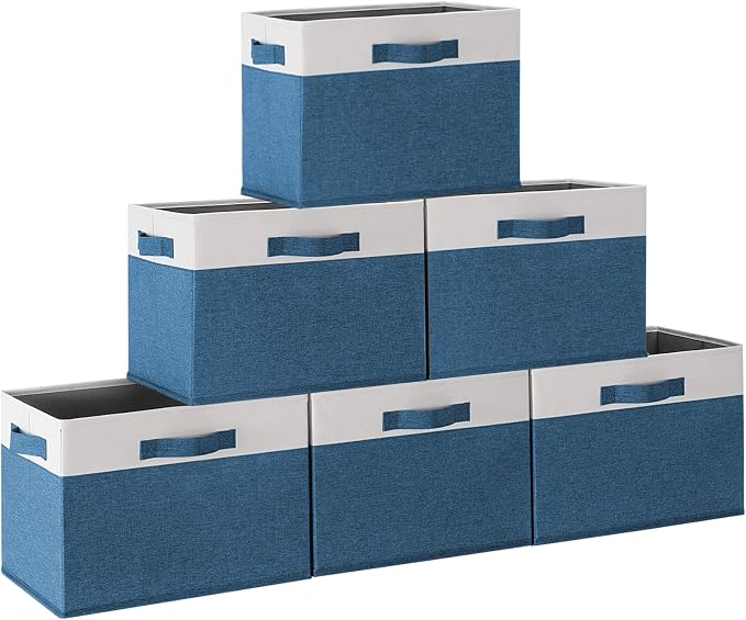 GhvyenntteS 6 Pack Fabric Storage Bins, 15x11x9.6 inch Closet Storage Bins for Shelves with 3 Handles, Foldable Storage Baskets for Shelves, Sturdy Closet Organizers and Storage Boxes, Blue by GhvyenntteS