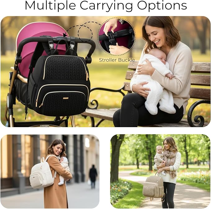 MAPLELILY Large Diaper Bag Backpack, Stylish Baby Travel Diaper Bag, Black | Lightweight maternity hospital backpack. With changing pad, stroller straps, insulated pocket. Mom, dad, toddler - Image 4