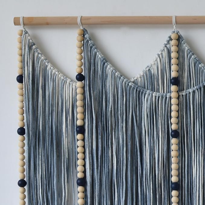 Jakalin Macrame Wall Hanging Blue Dip Dye Bead Boho Home Decor 57"x43" | Blue Dip-dye Cotton Cord, Handwoven Beadwork, Artisan Texture, Modern Boho Wall Decor, Home Accent Yarn Fiber Wall Art - Image 6