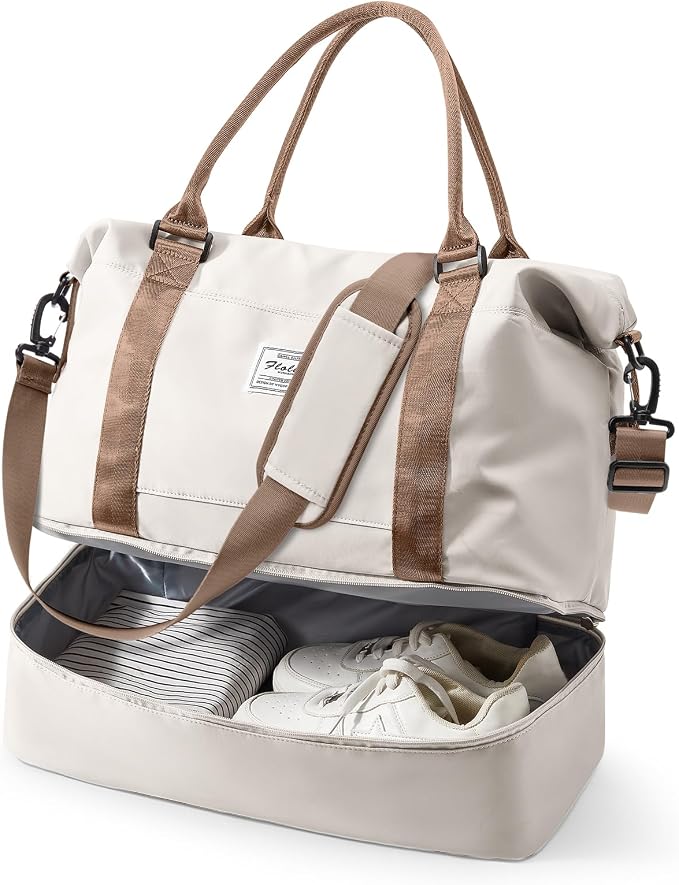 Travel Duffel Weekender Bag Women Tote Carry On Bags With Shoe Compartment | 18x14x8 inches Travel Overnight Bags with Trolley Sleeve for Airplanes Sport Tote Gym for Men Lightweight Daypack BeigeBrown by VECAVE
