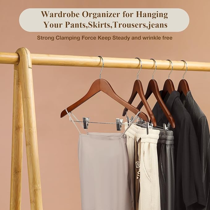 Wooden Hangers with Clips 24 Pack Wooden Pants Hangers,Skirt Hangers with Clips,Adjustable Heavy Duty Clip Hangers,Hangers for Pants,Jeans,Slacks,Shorts （Walunt） - Image 3