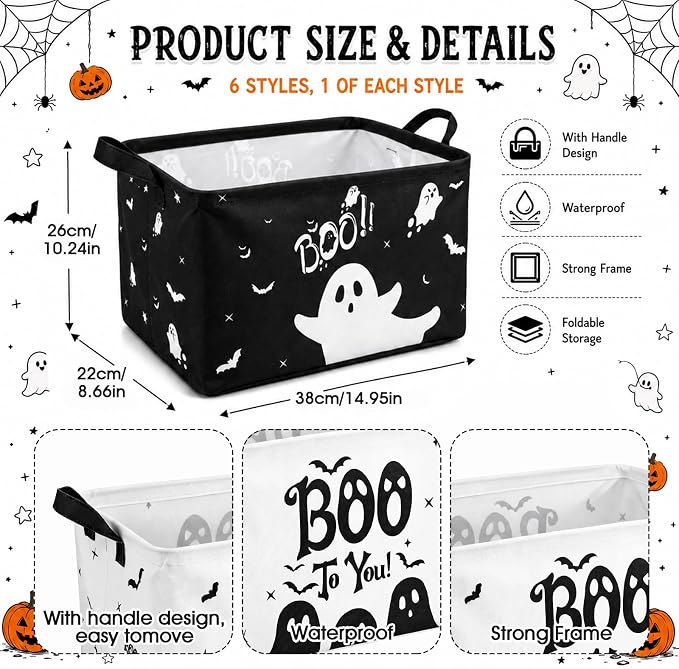 CHENGU 6 Pack Halloween Storage Basket Ghost Gift Basket for Holiday Decor Collapsible Shelf Baskets Cube with Handle for Home Office Bedroom Dorm Closet Shelf - Image 2