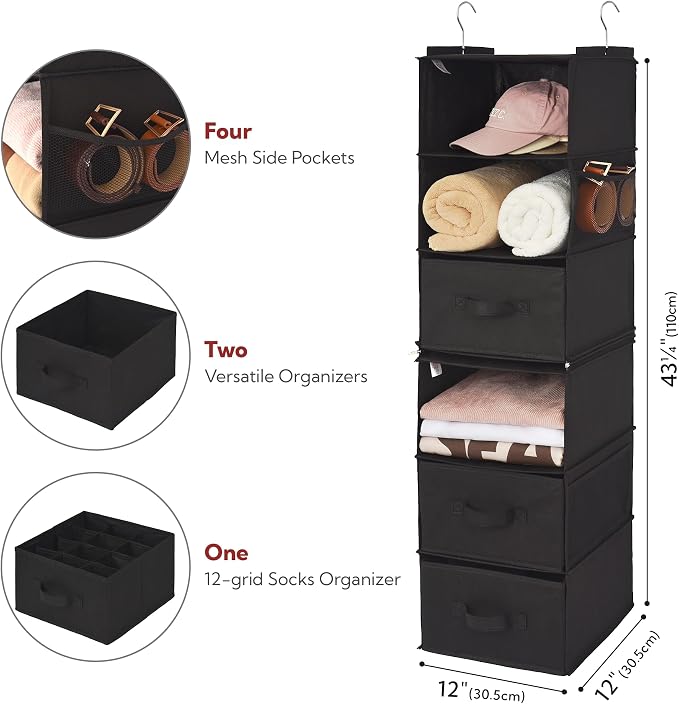 GRANNY SAYS Hanging Closet Organizer, 5 Drawers, 6 Shelves, 4 Pockets | Hanging Closet Organizer with 5 Different Drawer Designs, 6 Shelves & Reinforced Structure for Organized Small Spaces, Black - Image 3