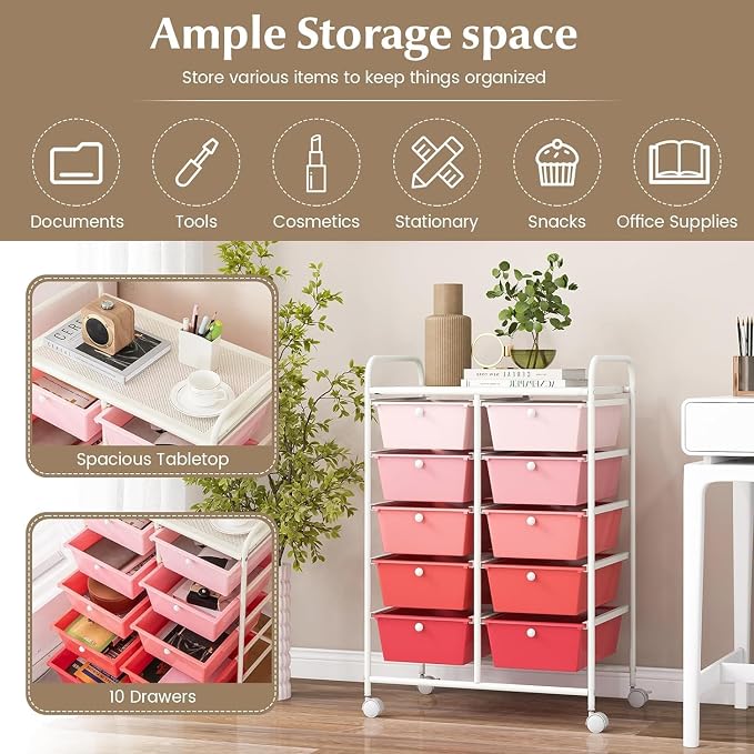 10 Drawer Rolling Cart, Storage Cart Organizer on Wheels, Drawer Cart with Metal Frame & Large Storage Capacity, Rolling Cart with Drawers for Living Room Classroom, Office - Image 5