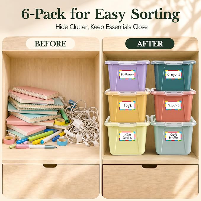GAMENOTE 6 Quart Storage Bins with Lids, Plastic Latching Box for Classroom & Kids Toy Storage,Stackable Shoe Box Size Containers for STEM Morning Tubs, Crafts & Blocks (6, Morandi) - Image 7
