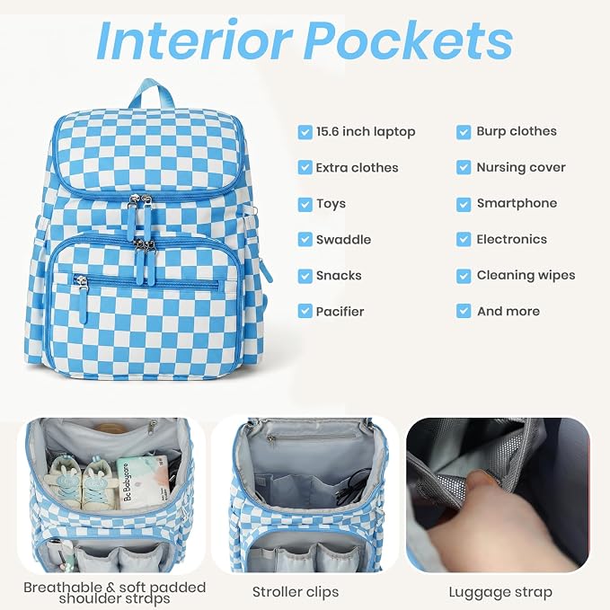 FHELAD Checkered Diaper Bag Backpack with Changing Pad & Stroller Clips | Baby Diaper Bag, Baby Shower Gifts, 4 Insulated Bottle Holders, Wet Wipe Pocket, Luggage Strap - Image 5