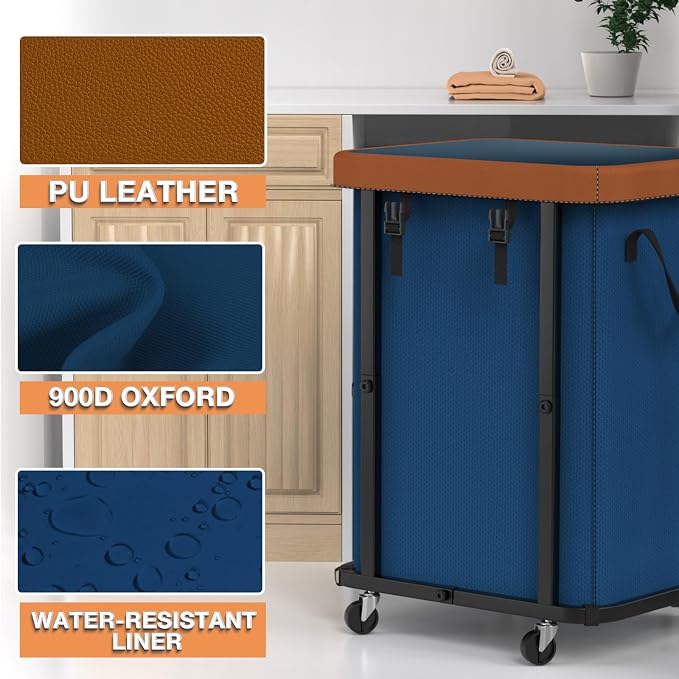 Laundry Basket with Wheels,150L (40 Gal) Rolling Hamper Carts - Navy Blue | Leather Patchwork Laundry Hamper,Sturdy Metal Frame, Removable Washable Bag, Tall Clothes Sorter for Bedroom, Laundry Room - Image 2