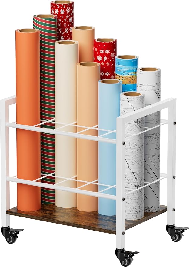 Blueprint Storage Rack Cart, 15 Slots Metal Rolling File Holder with Wheels & Adjustable Pads, Mobile Gift Wrapping Paper Organizer for Maps/Posters/Architectural Construction Plans, White by Tigerden