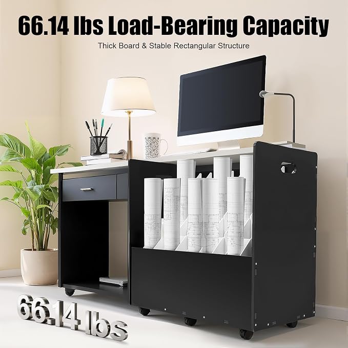 Blue Print Storage Organizer with Wheels, 50 Slots Mobile Blueprint Storage Rack Cart, Construction Plan Holder Roll Files Cart Map Poster Storage Cabinet for Office Home School, Black - Image 6