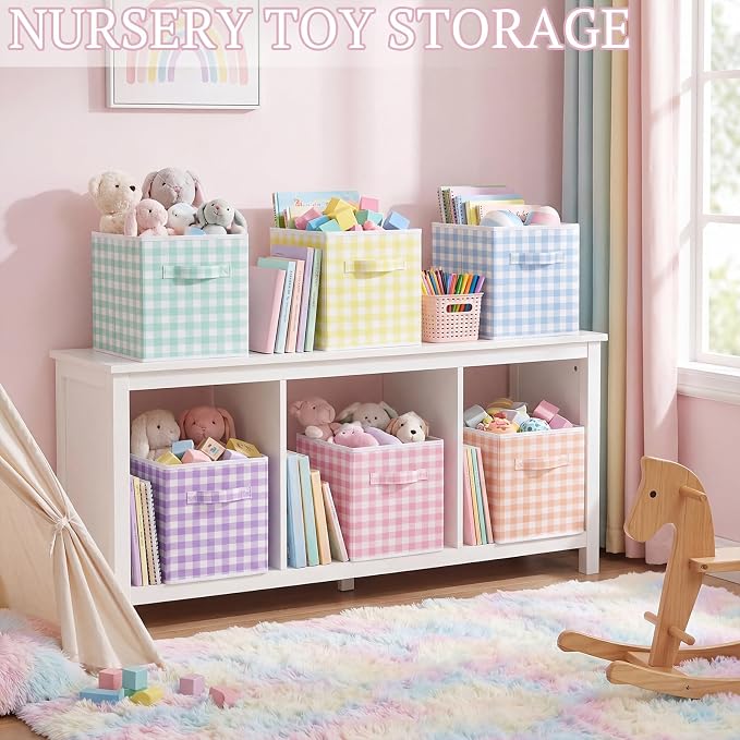Yalikop 6 Pcs Colorful Gingham Cube Storage Bins, 11 Inch Fabric Checkered Classroom Storage Bins Organizer with Handle Preppy Collapsible Cubby Basket for Classroom Home Nursery Playroom Bedroom - Image 4