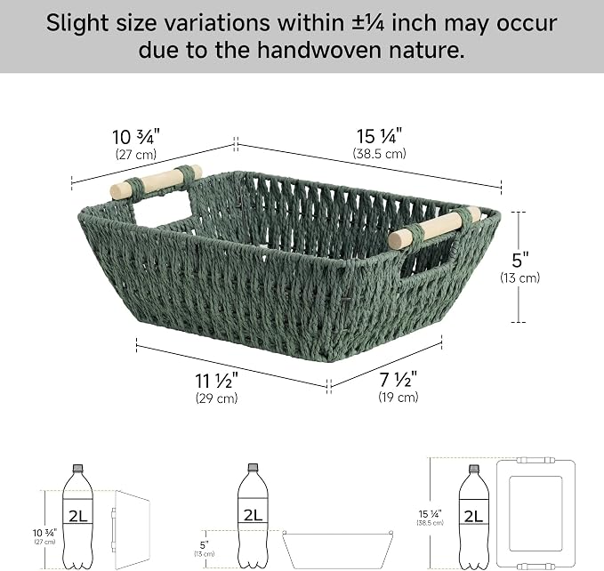 StorageWorks Wicker Storage Basket, Baskets for Storage, Bosana Green | Wicker Storage Baskets for Shelves, Baskets with Wooden Handles, 2-Pack Gifts Basket for Home Decor, Hand-Woven Basket - Image 3