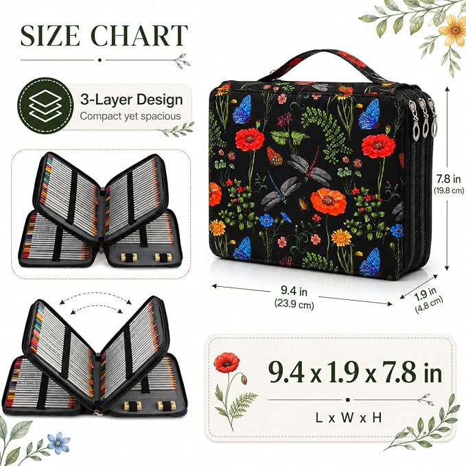 200 Slots Colored Pencil Case Organizer, 4 Layer Bag | Twill Oxford fabric,203 elastic loops,detachable handle,for travel, home storage,drawing tools,creative gifts - Image 2