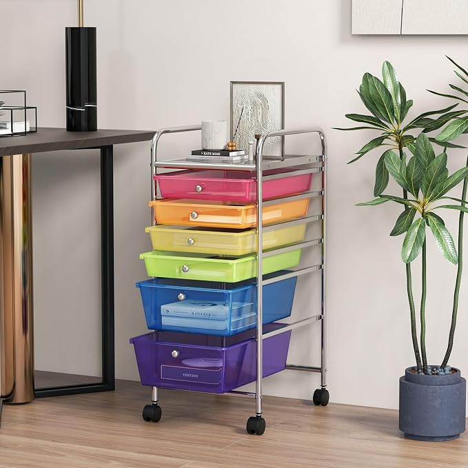 GOFLAME 6-Drawer Rolling Storage Cart, Multifunctional Art Craft Organizer Cart, Mobile Utility Storage Cart with Removable Drawers & Lockable Wheels, Craft Cart for Home Office, Rainbow - Image 2