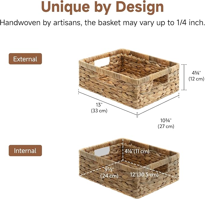 StorageWorks Water Hyacinth Pantry Baskets for Organizing, Natural, 1-Pack | Wicker Storage Baskets for Organizing, Pantry Baskets for Organizing, Woven Baskets, 13 inch Basket, 13"L x 10¼"W x 4 ¾"H - Image 2