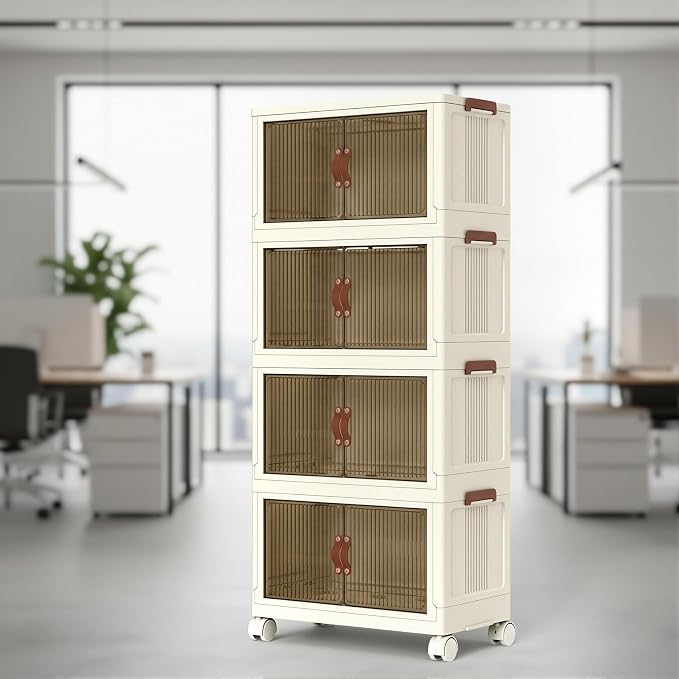 380QT 4-Tier Plastic Stackable Storage Bins and Boxes Organizer, Foldable Containers, Stackable Storage Bins with Doors, Collapsible Boxes, White (4 Tier, 25.8″) - Image 2