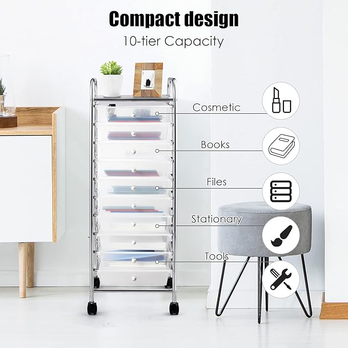 GOFLAME 10-Drawer Rolling Storage Drawer Cart, Utility Cart with Removable Drawers & Metal Frame, Mobile Art Craft Drawer Cart with Lockable Wheels for Home, Office, Studio, School, Clear - Image 5