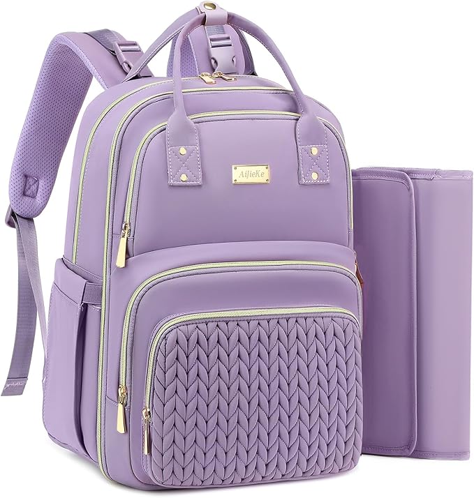 AIJIEKE Diaper Bag Backpack, Large Multi-functional Diaper Backpack, Purple | Waterproof lightweight baby backpack. With changing pad, stroller straps, insulated & wet/dry pocket. Mom & dad essential by AIJIEKEDirect