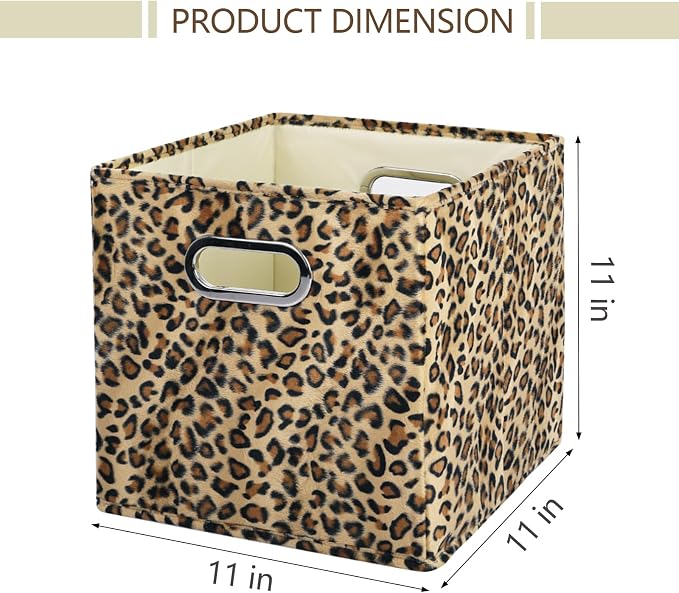 ANMINY Leopard Cheetah Print Storage Cubes Bins, Velvet, Brown, 11Inch 6PCS | Collapsible & Washable, PP Board Frame, Built-in Metal Handles, Animal Themed Fabric Cubes Baskets for Closet Shelves Decor - Image 5