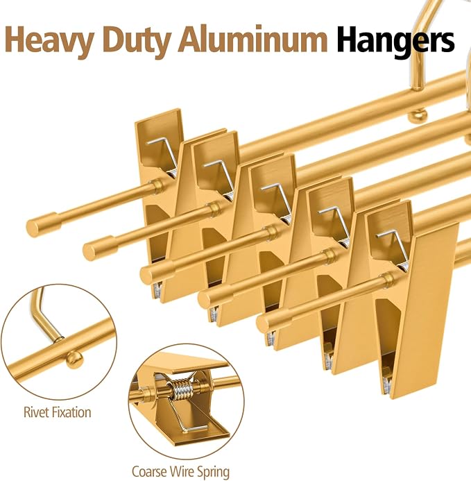 Matte Gold Aluminum Pants Hangers with Adjustable Clips, 10 Pack | Non-Slip, Sturdy Metal, 360° Swivel Hooks, Heavy-Duty & Space-Saving Closet Organizer for Pants, Skirts, Kids & Adults - Image 4