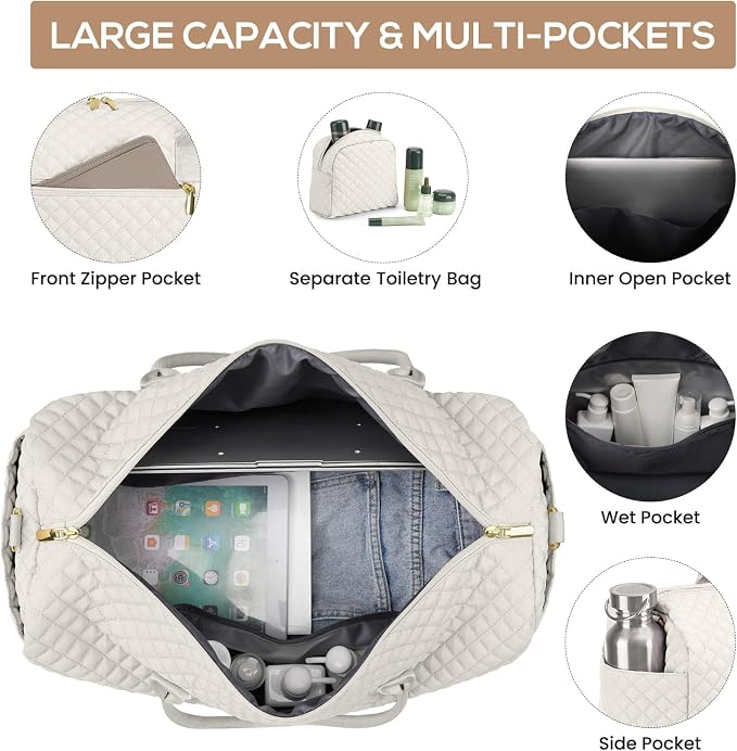 Travel Overnight Bag Weekender Bags - Duffle Bag Women with Shoe Compartment Carry On Overnight Bag with Toiletry Bag Duffel Bags with Wet Pocket for Gym Hospital Bags for Labor and Delivery Beige - Image 2