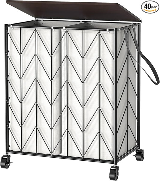 WOWLIVE Double Laundry Hamper with Lid, Rolling Laundry Basket with Wheels | Heavy Duty Wire Clothes Hamper with Divided Removable Bags, Large Iron-Made Laundry Sorter Laundry Room Organization, Beige by WOWLIVE