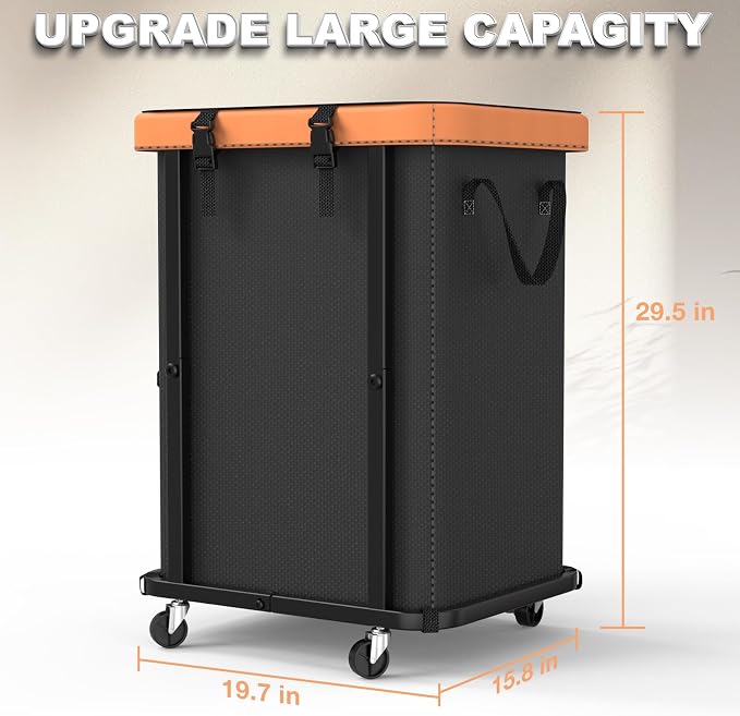 Laundry Hamper with Wheels,150L Leather Patchwork Clothes Hamper Black | Rolling Laundry Basket with Sturdy Metal Frame, Removable Washable Bag,Tall Clothes Sorter for Bedroom, Laundry Room, Dorm - Image 6