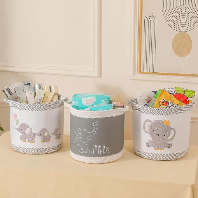 3-Piece Woven Baby Toy Blanket Storage Baskets Laundry Hampers, Elephant Design Foldable Nursery Organizer for Toys Clothes Stuffed Animals, Roomy Sturdy Hamper for Baby Gift Nursery Decor Basket - Image 9