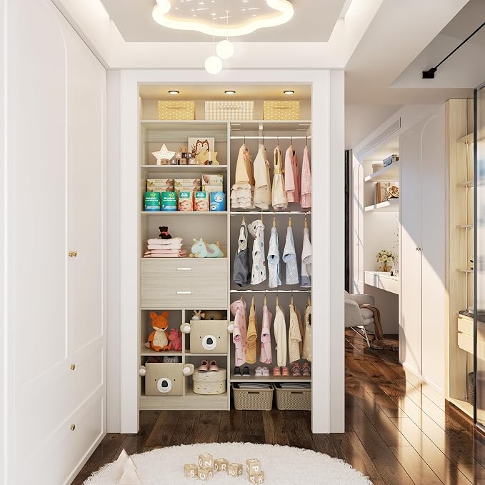 Small Closet System - 5FT Closet Organizer System with Wooden Drawers, 60 Inches Walk In Closet System With 5 Hanging Rods, Can Fit 1.58 to 6.8 FT with Reversible Hanging Shelving, Greige Oak - Image 5