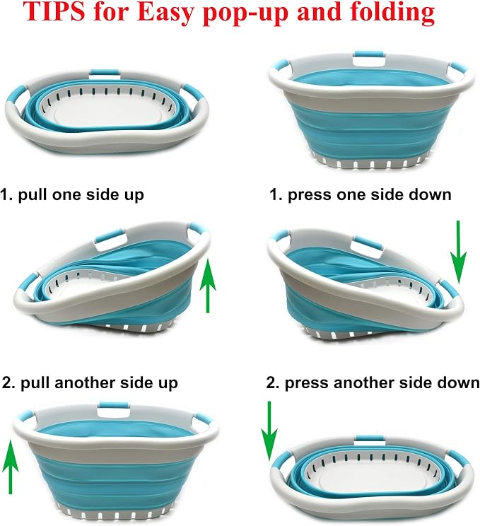 SAMMART 36L Set of 2 Collapsible 3 Handled Plastic Laundry Basket-Foldable Pop Up Storage Container-Portable Washing Tub-Space Saving Basket (2, Grey/Bright Blue) - Image 7