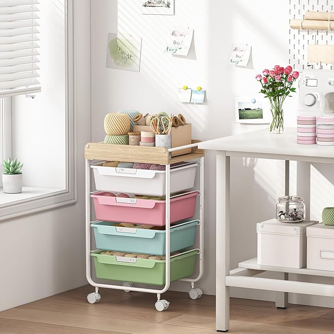 SYKIARIOL Rolling Storage Utility Cart with 4 Drawers,Art Cart,Colorful | Kids Craft Cart,Makeup Organizer and Storage with Wooden Tabletop - Image 4