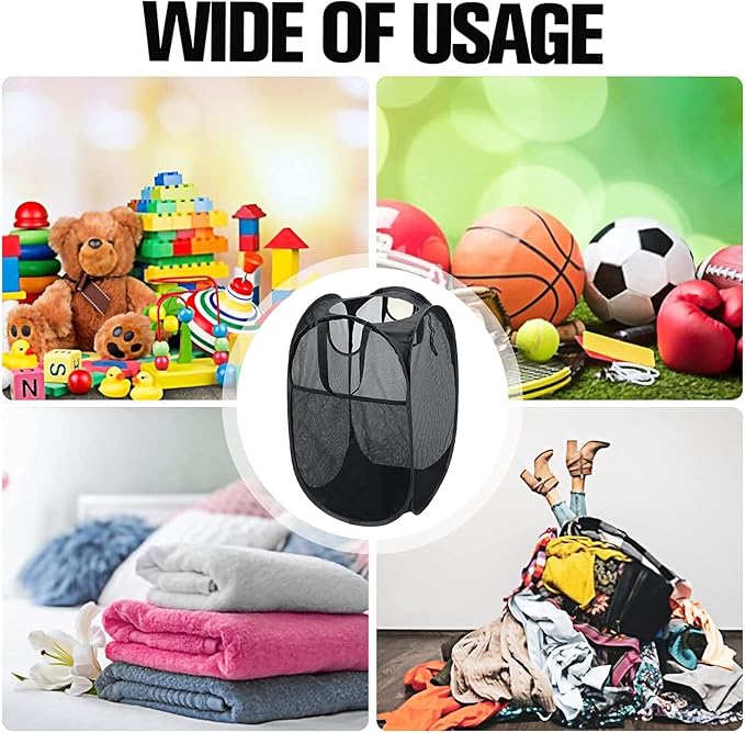 AQQA 9 Pcs Mesh Popup Laundry Hamper Set, Black/White/Blue, Durable Handles, Foldable, Sturdy Mesh Construction, Ideal for Kids, Teens, Adults, College Dorm, Camping, Hotel, Travel (Pack of 2) - Image 6