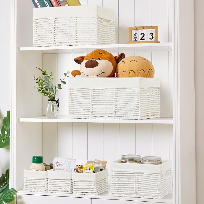 Wicker Storage Basket, 6 Pack Baskets for Organizing, Wicker Baskets with Handle, Rectangular Wicke Basket for Storage Shelves, Cube Storage Bins for Closet/Clothes/Dresser, White - Image 7