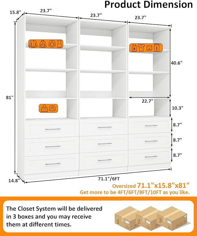Closet System with 9 Drawers & 12 Shelves, Wood Closet Organizer System with 3 Extra Hanging Rod for Walk in Closet, Modular Closet Organizer System White(6FT) - Image 2