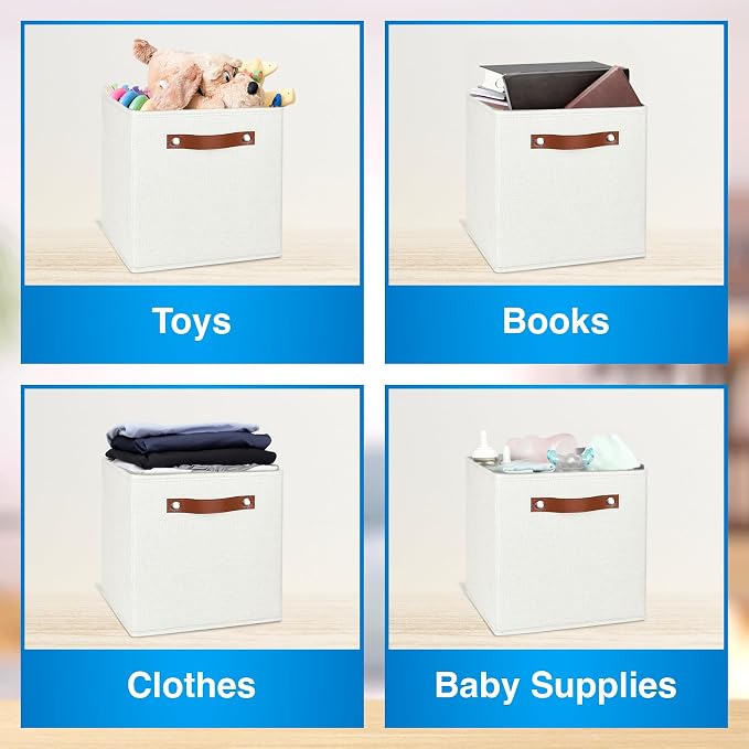 13x13 Storage Cubes - 6 Pack - Linen Fabric 13 Inch Cube Storage Bins for Bedroom, Living Room, Clothes and Toys; Foldable, Dual Leather Handles - Image 5