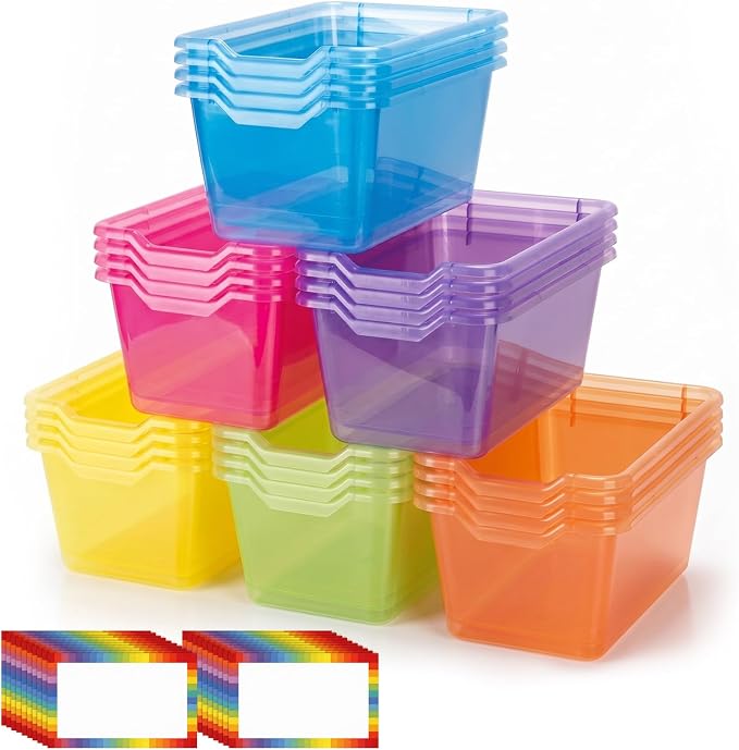 Funrous 24 Pack Plastic Cubby Bins for Classroom, Stackable Storage Bins with Rainbow Labels and Handles Cubby Organizer Containers for Teacher Supplies Home Office Daycare and Playroom (Bright) by Funrous