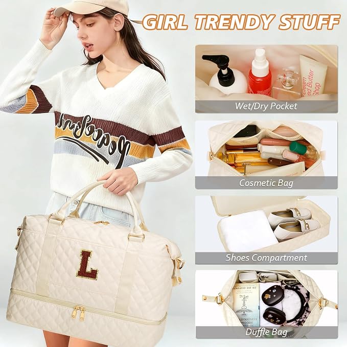 Birthday Gift for Teenager Girls Travel Duffle Bag(Beige,L) | Travel Gifts for Women-Overnight Bags with Toiletry Bag-Weekender Bags with Shoe Compartment for Travel - Image 5