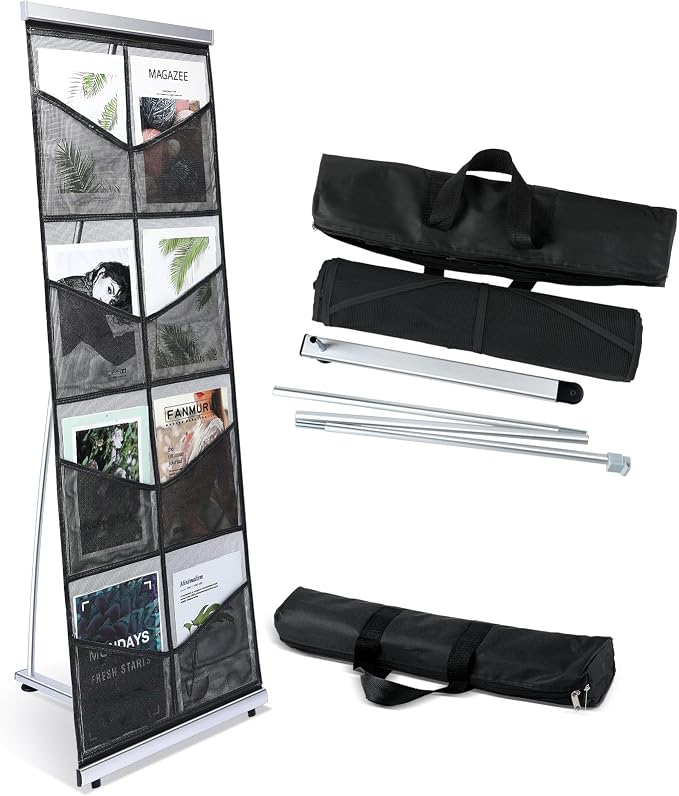 Outus Mesh Literature Brochure Holder with 8 Pocket Portable Magazine Display Roll Up Magazine Rack Lightweight Floor Standing Catalog Office Brochure Display Stand for Business Trade Shows (Black) by Outus