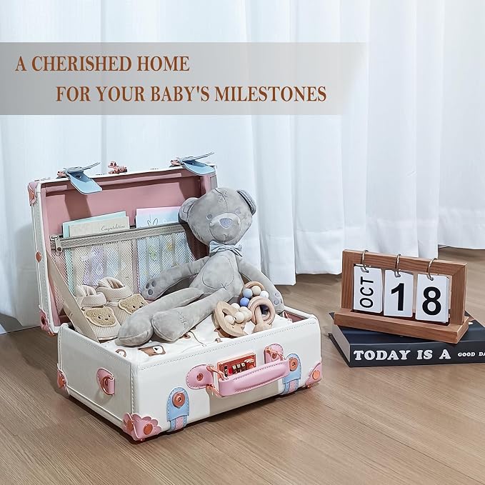Unitravel Baby Keepsake Case, Handmade Memory Storage Box, Newborn Keepsake Box, Vintage Suitcase for Baby Shower, Baptism, Naming Ceremony or Birthday (cream white, 13") - Image 4