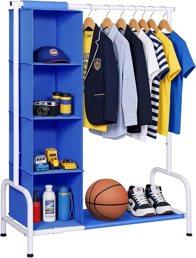 Univivi Kids Clothing Rack with Hanging Organizer, 43 Inch, Blue and White | Toddler Dress Up Storage with Bottom Shelf, Sturdy Metal Baby Clothes Rack, Kids Dress up Rack for Nursery, Playroom, Bedroom by Univivi