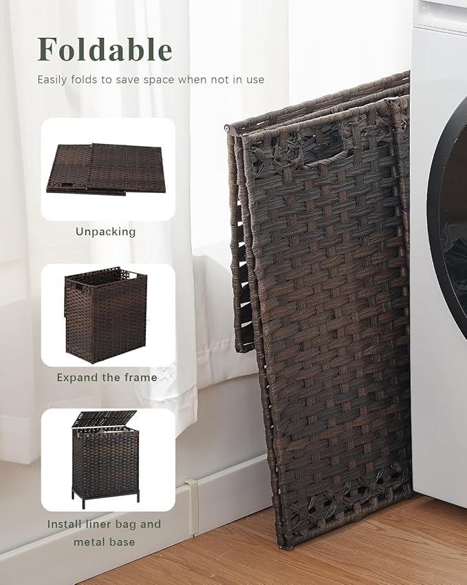SETVSON Laundry Hamper with Lid, 29.6 Gal 2-Bag Clothes Sorter, Brown | 112L 2-Section PE Rattan Hamper with Lid, Metal Heightened Feet, 2 Removable Liners, 6 Mesh Laundry Bags, Steel Frame - Image 6