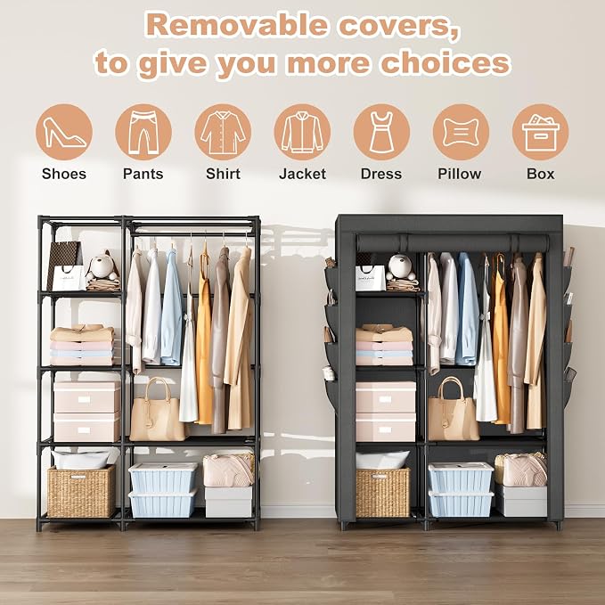Portable Closets for Hanging Clothes, Wardrobe Closet with Hanging Rod and Clothing Storage Shelves, 8 Side Pockets, Free Standing Clothes Rack with Cover, for Bedroom and Dorm, Black - Image 5
